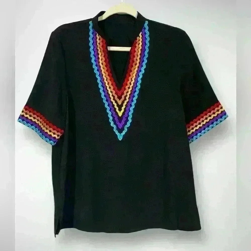 Women's Casual Boho Embroidered V-Neck Short Sleeve Shirt Fall Blouse - Picture 2 of 7